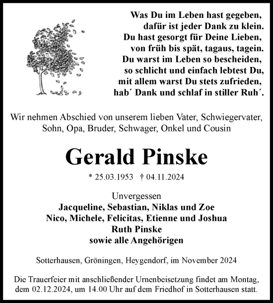 Traueranzeige von Gerald Pinske von Trauerkombi Sangerhausen