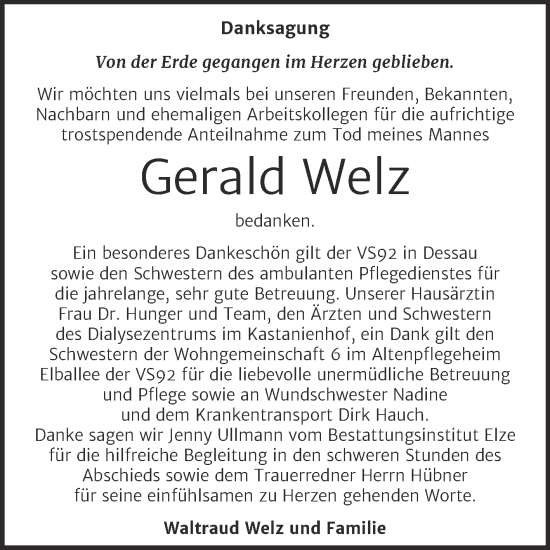 Traueranzeige von Gerald Welz von Trauerkombi Dessau