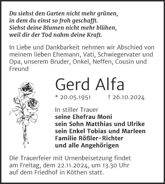 Traueranzeige von Gerd Alfa von Trauerkombi Köthen