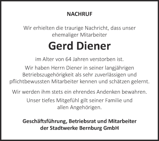 Traueranzeige von Gerd Diener von Super Sonntag Bernburg