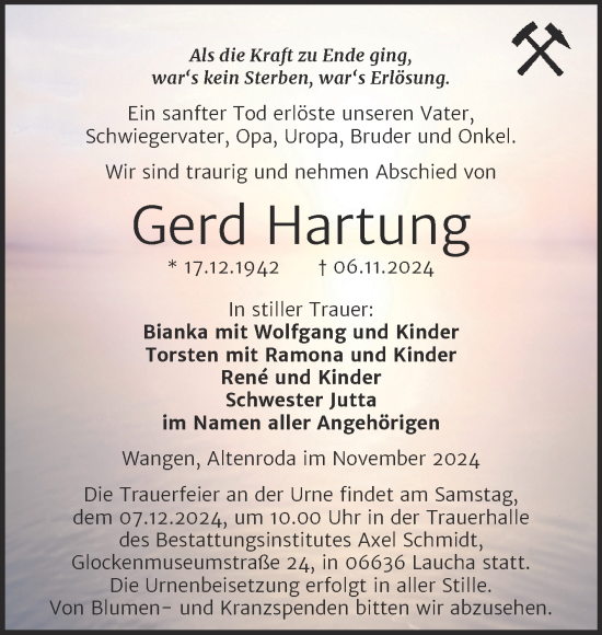 Traueranzeige von Gerd Hartung von Super Sonntag Naumburg/Nebra
