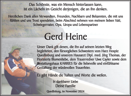 Traueranzeige von Gerd Heine von Trauerkombi Quedlinburg