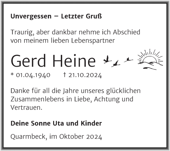 Traueranzeige von Gerd Heine von Trauerkombi Quedlinburg