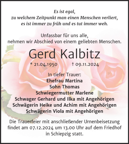Traueranzeige von Gerd Kalbitz von Mitteldeutsche Zeitung Halle/Saalkreis