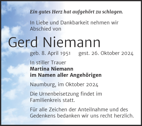 Traueranzeige von Gerd Niemann von Super Sonntag Naumburg/Nebra
