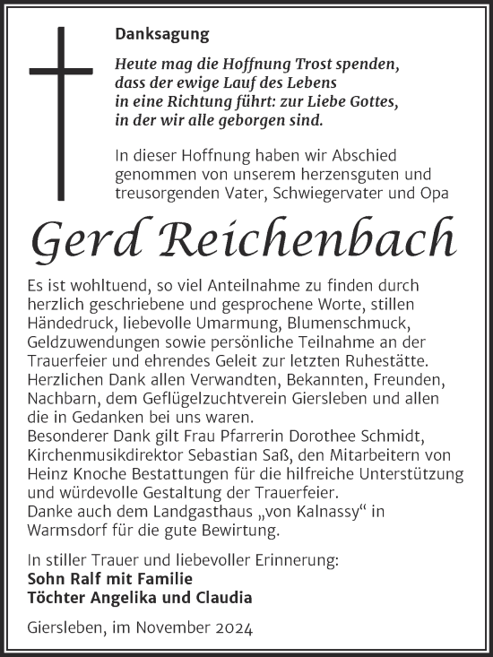 Traueranzeige von Gerd Reichenbach von Trauerkombi Aschersleben