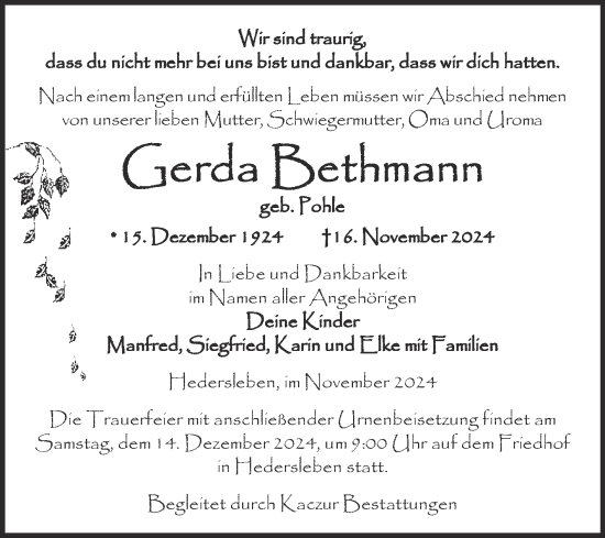 Traueranzeige von Gerda Bethmann von Trauerkombi Quedlinburg