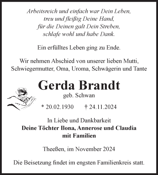 Traueranzeige von Gerda Brandt von Volksstimme Burg/Genthin