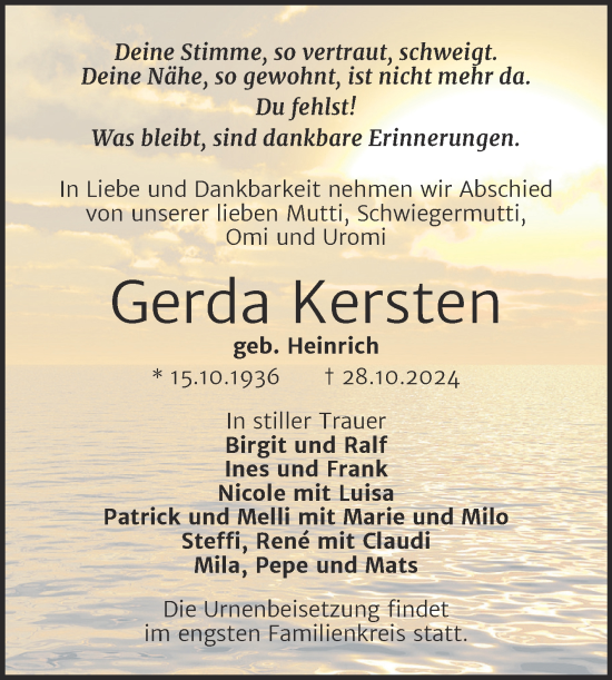 Traueranzeige von Gerda Kersten von Trauerkombi Köthen