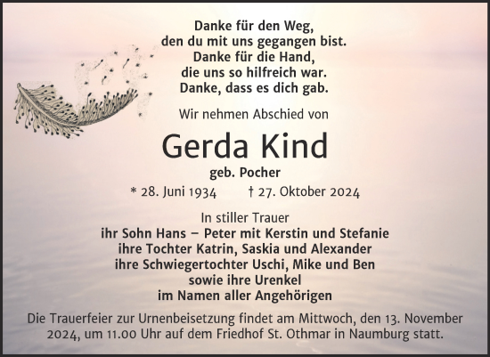 Traueranzeige von Gerda Kind von Super Sonntag Naumburg/Nebra