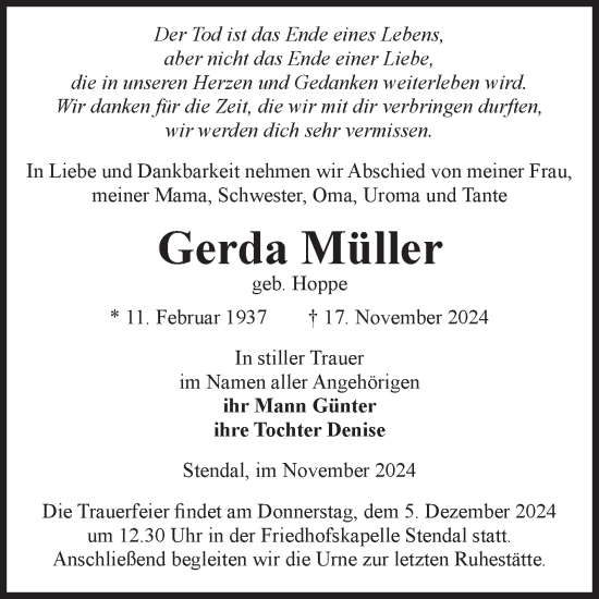 Traueranzeige von Gerda Müller von Volksstimme Altmark Ost