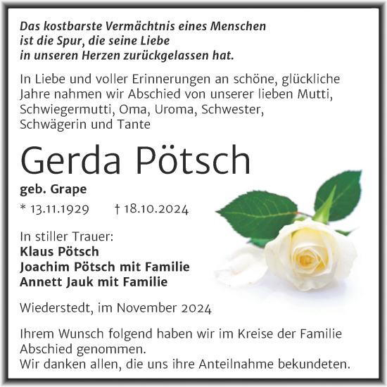 Traueranzeige von Gerda Pötsch von Trauerkombi Mansfelder Land