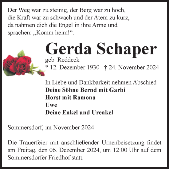 Traueranzeige von Gerda Schaper von Volksstimme Oschersleben/Wanzleben