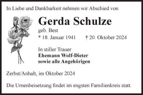 Traueranzeige von Gerda Schulze von Volksstimme Zerbst