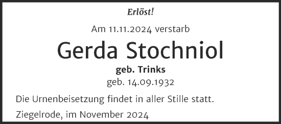 Traueranzeige von Gerda Stochniol von Trauerkombi Mansfelder Land
