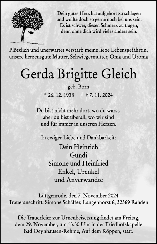 Traueranzeige von Gerda Brigitte Gleich von Volksstimme Wernigerode