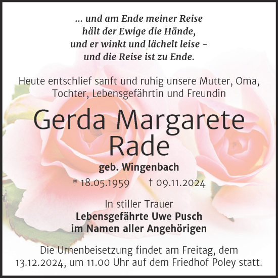 Traueranzeige von Gerda Margarete Rade von Trauerkombi Bernburg