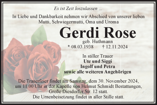 Traueranzeige von Gerdi Rose von Volksstimme Magdeburg