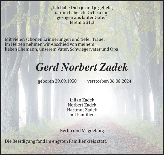 Traueranzeige von Gerd Norbert Zadek von Volksstimme Magdeburg