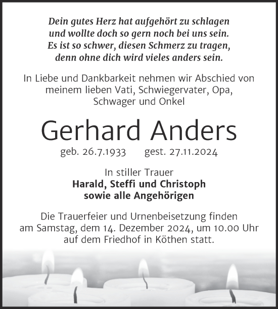 Traueranzeige von Gerhard Anders von Mitteldeutsche Zeitung Köthen
