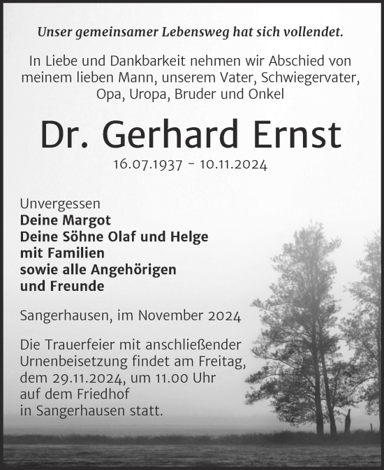 Traueranzeige von Gerhard Ernst von Trauerkombi Sangerhausen