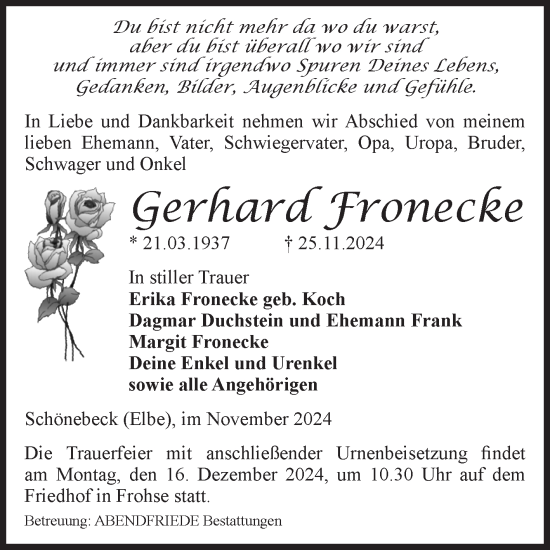 Traueranzeige von Gerhard Fronecke von Volksstimme Schönebeck