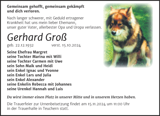 Traueranzeige von Gerhard Groß von Trauerkombi Weißenfels