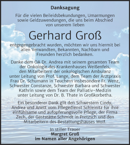 Traueranzeige von Gerhard Groß von Trauerkombi Weißenfels