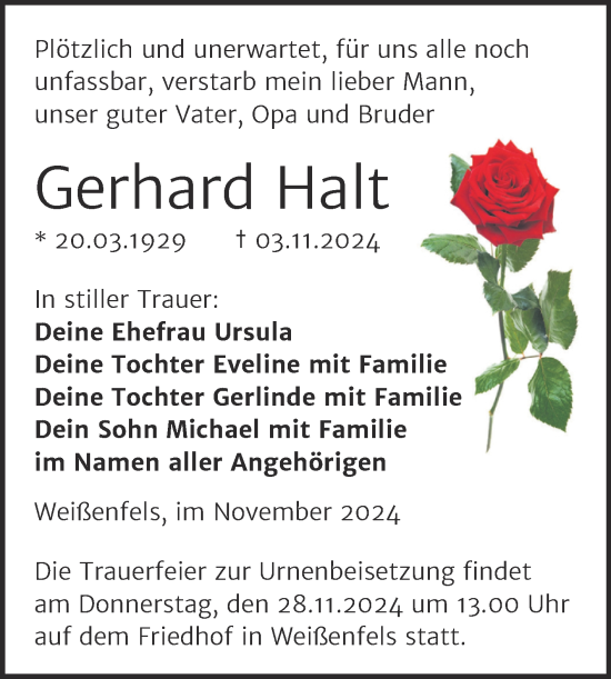 Traueranzeige von Gerhard Halt von Trauerkombi Weißenfels