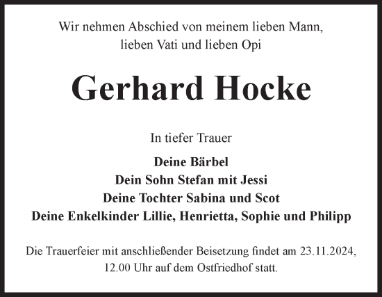 Traueranzeige von Gerhard Hocke von Volksstimme Magdeburg