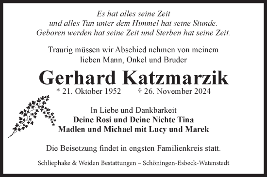 Traueranzeige von Gerhard Katzmarzik von Volksstimme Haldensleben/Wolmirstedt