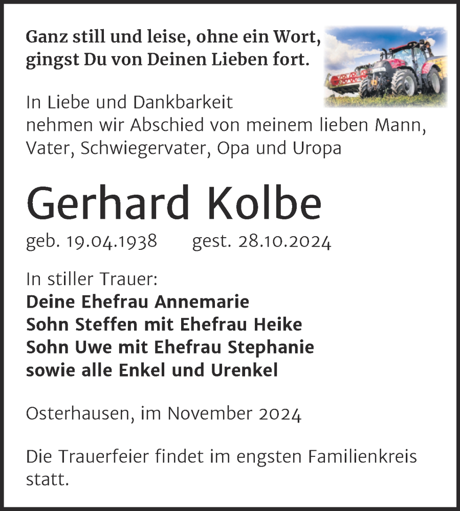  Traueranzeige für Gerhard Kolbe vom 13.11.2024 aus Trauerkombi Mansfelder Land