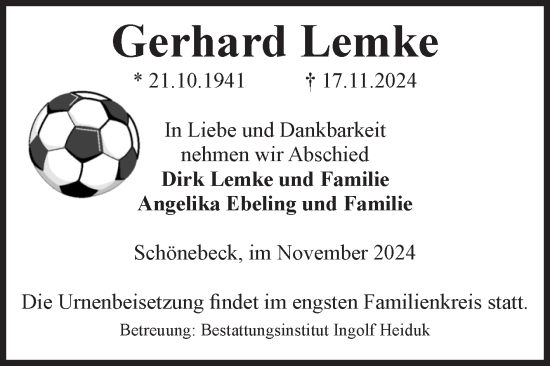 Traueranzeige von Gerhard Lemke von Volksstimme Schönebeck