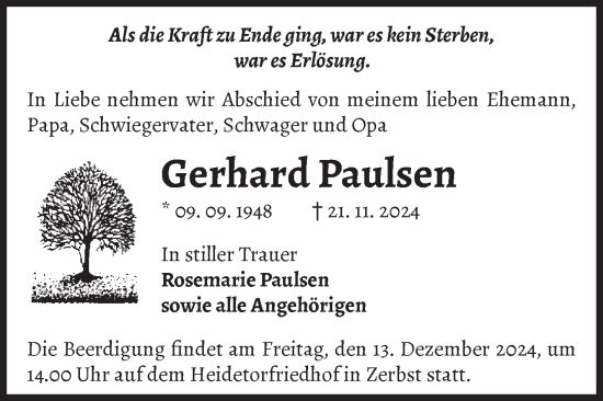 Traueranzeige von Gerhard Paulsen von Volksstimme Zerbst