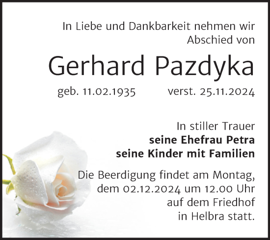 Traueranzeige von Gerhard Pazdyka von Mitteldeutsche Zeitung Mansfelder Land