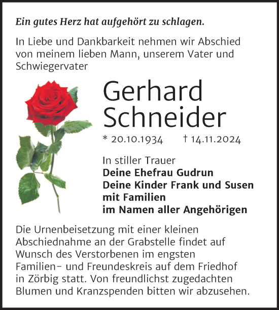 Traueranzeige von Gerhard Schneider von Trauerkombi Bitterfeld