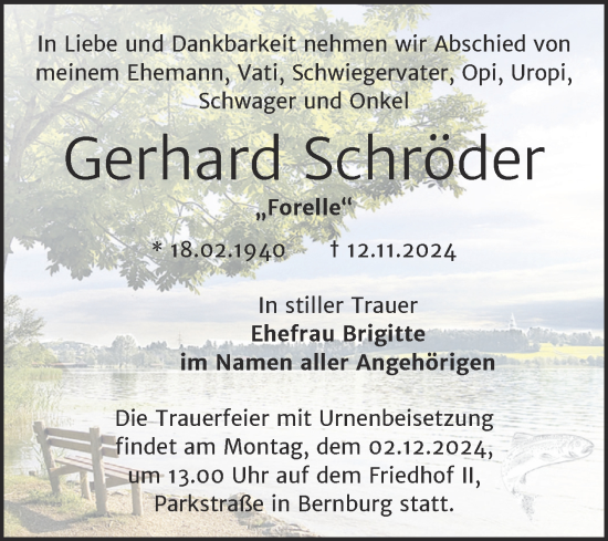 Traueranzeige von Gerhard Schröder von Trauerkombi Bernburg