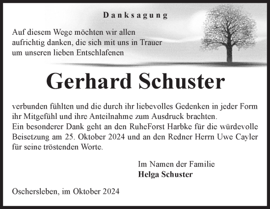Traueranzeige von Gerhard Schuster von Volksstimme Oschersleben/Wanzleben