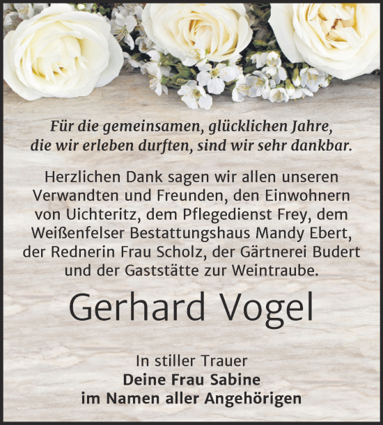 Traueranzeige von Gerhard Vogel von Trauerkombi Weißenfels