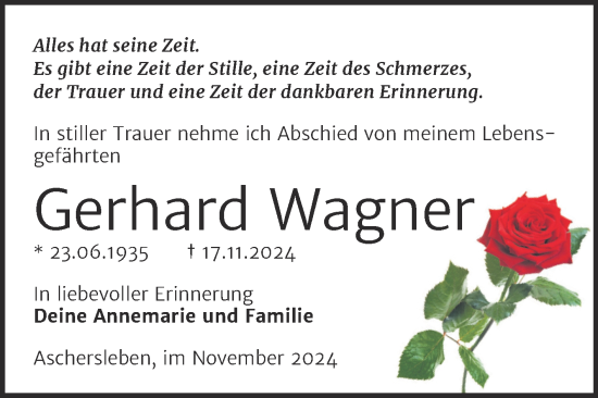 Traueranzeige von Gerhard Wagner von Trauerkombi Aschersleben