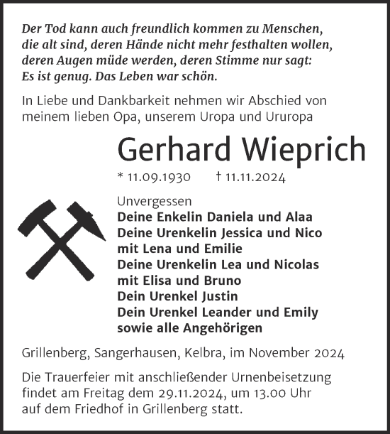 Traueranzeige von Gerhard Wieprich von Trauerkombi Sangerhausen