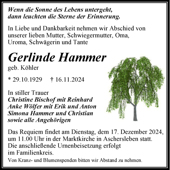 Traueranzeige von Gerlinde Hammer von Trauerkombi Aschersleben