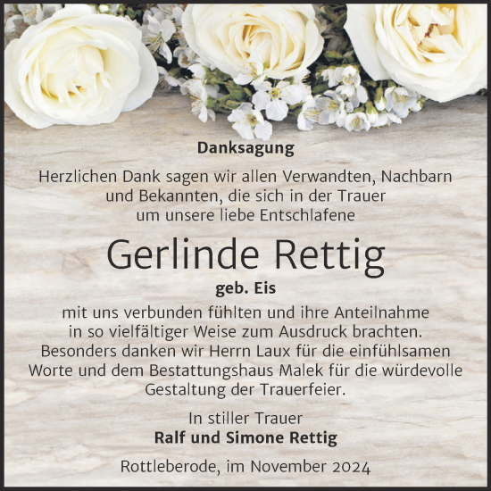 Traueranzeige von Gerlinde Rettig von Trauerkombi Sangerhausen