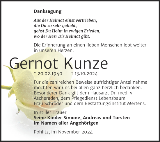 Traueranzeige von Gernot Kunze von Super Sonntag Naumburg/Nebra