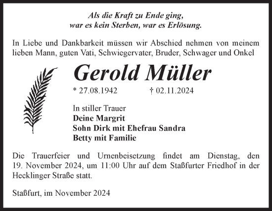 Traueranzeige von Gerold Müller von Volksstimme Staßfurt