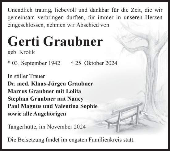 Traueranzeige von Gerti Graubner von Volksstimme Altmark Ost