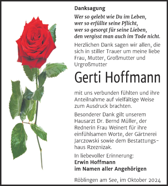 Traueranzeige von Gerti Hoffmann von Trauerkombi Mansfelder Land