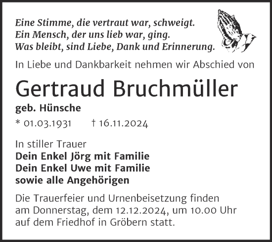 Traueranzeige von Gertraud Bruchmüller von Trauerkombi Wittenberg