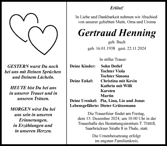 Traueranzeige von Gertraud Henning von Trauerkombi Quedlinburg
