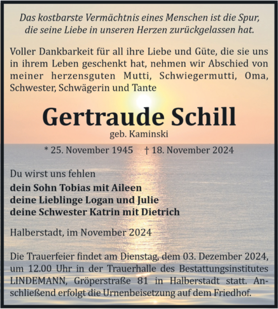 Traueranzeige von Gertraude Schill von Volksstimme Halberstadt